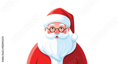 Close-up portrait of a cheerful cartoon Santa Claus wearing his iconic red hat and suit, with a white beard and glasses.