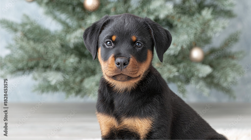 Obraz premium Cheerful Rottweiler Puppy Sitting Elegantly in Front of a Christmas Tree: Capturing the Joy of Pets During the Holiday Season