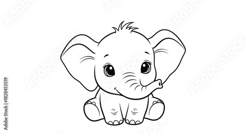 Adorable black and white line art of a cute baby elephant sitting with big eyes, suitable for a children's coloring book activity page.