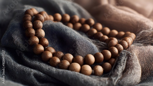 Wooden mala beads on gray linen, mindful meditation, spirituality, yoga, calm and peaceful aesthetic.