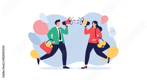 A man and a woman running towards each other while shouting into megaphones, illustrating a concept of debate, argument, or public announcement.