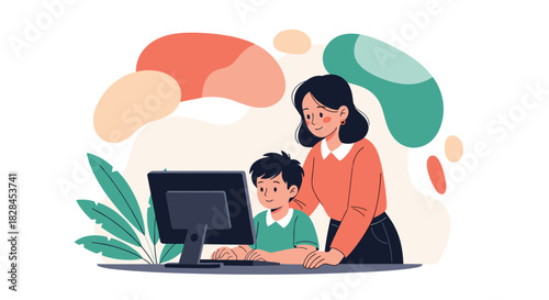 A caring mother or teacher helping a young boy with his studies on a computer, illustrating the concept of homeschooling or parental support.