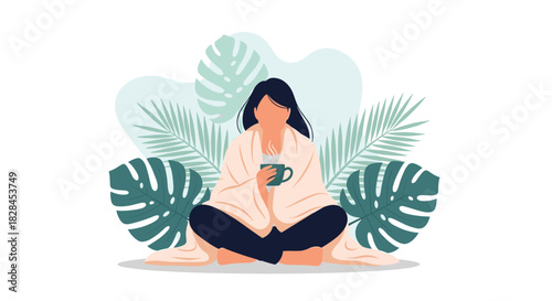 A woman wrapped in a cozy blanket sits cross-legged, holding a warm mug, surrounded by tropical leaves, embodying comfort and self-care.