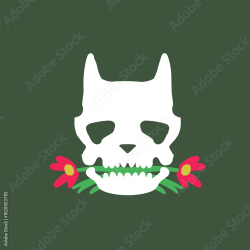 skull head biting a flower design style for print design
