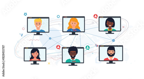 Concept illustration for a virtual meeting showing a diverse group of people on computer screens connected across a global network.