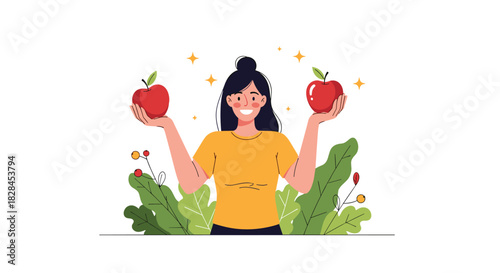 A smiling young woman holds up two red apples, symbolizing a healthy lifestyle, balanced diet, or making a difficult choice.