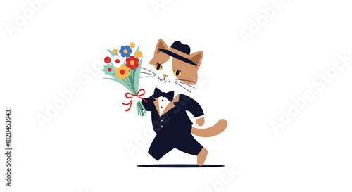 A dapper cat dressed in a tuxedo, bow tie, and hat runs with a colorful bouquet of flowers, perfect for a romantic greeting.