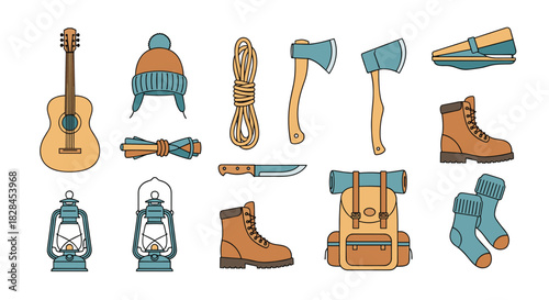 A collection of colorful camping and hiking equipment icons, including a backpack, boots, axe, rope, lantern, and guitar for outdoor adventures.