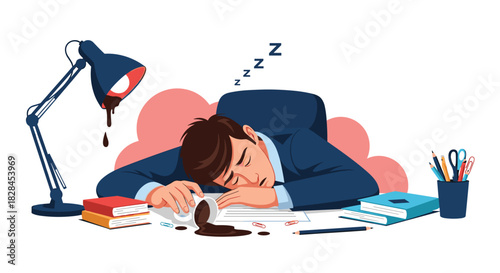 An exhausted businessman has fallen asleep at his messy desk, having spilled his coffee, illustrating burnout from overworking and fatigue.