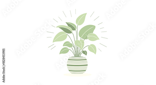 A simple and elegant illustration of a green houseplant in a striped pot with radiating lines, symbolizing growth, life, and freshness.