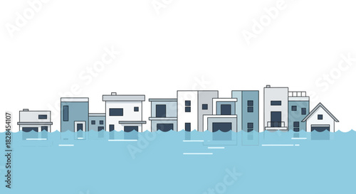 Vector illustration showcases flooded city with minimalistic architecture and rising water levels