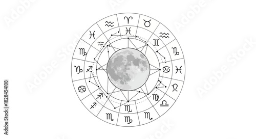Detailed monochrome rendering of a zodiac wheel with astrological symbols and lunar illustration
