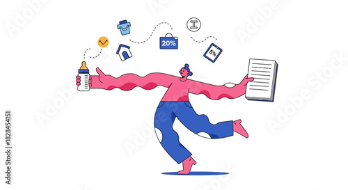 Juggling Work, Parenting, and Finance: Modern Multitasking and Stressful Work-Life Balance Illustration