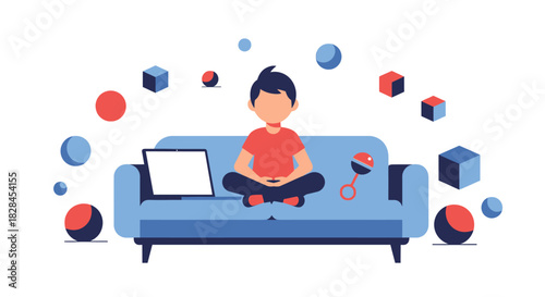 Work-Life Balance and Modern Parenting Juggling Act. Flat Vector Illustration of Person Meditating on Sofa with Laptop and Child's Toy.