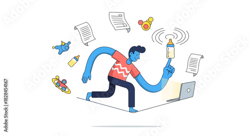 The Modern Father's Balancing Act: Juggling Remote Work, Baby Care, and Career Responsibilities – Work-Life Stress Illustration.