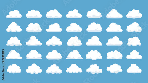 Set of thirty two white cartoon clouds on a blue background for weather forecasts sky illustrations and graphic design projects