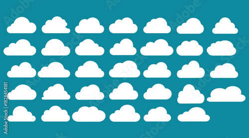 Collection of thirty different cloud shapes isolated on a teal background in a flat vector style for graphic design