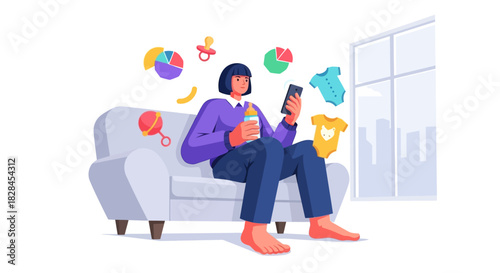 Multitasking Mother Balancing Parenting Duties, Baby Shopping, and Financial Planning Using Smartphone App.