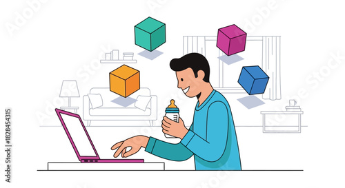 Father Juggling Remote Work and Parental Duties: A Smiling Man Multitasking with Laptop, Baby Bottle, and Floating Data Cubes at Home.