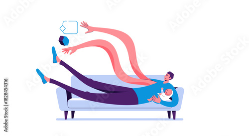 Father Multitasking and Stretching to Manage Work and Baby. The Struggle for Work-Life Balance and Parental Duties.