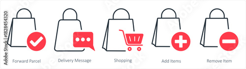 A set of 5 business icons as forward parcel delivery message, shopping,