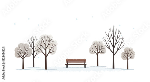 Serene winter scene with snow dusted trees and inviting bench in a quiet park