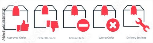 A set of 5 business icons as approved order, order declined, reduce item