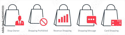 A set of 5 business icons as shop owner, shopping prohibited, revenue shopping