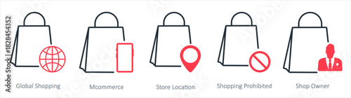A set of 5 business icons as global shopping, mcommerce, store location