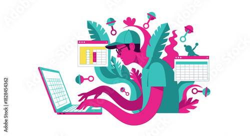 Remote Work and Parenting Juggling Act: Young Professional Managing Data Spreadsheets and Schedules with Family Responsibilities.