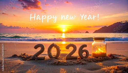 Two candle jars rest on sunset sand—ritual of renewal and reflection, where golden light and ocean waves choreograph the emotional architecture of hope, transition, and the threshold of 2024.