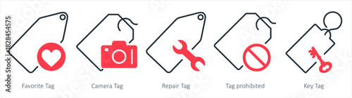 A set of 5 business icons as favorite tag, camera tag, repair tag