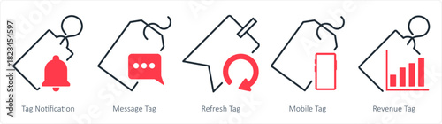 A set of 5 business icons as tag notification, message tag, refresh tag