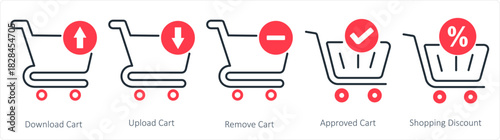 A set of 5 business icons as download cart, upload cart, remove cart