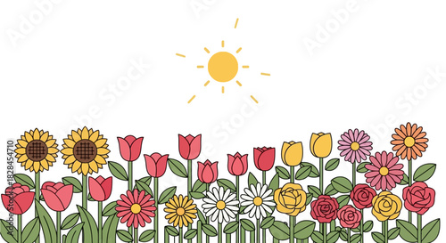 Vibrant assortment of sunflowers, tulips, roses, and daisies blooms under the sun