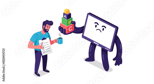 Technical Requirements Management Illustration: Developer Reviewing Checklist Interacts with Anthropomorphic Monitor Holding API Blocks