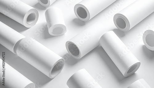 White cylinders cast shadows on white—ritual of repetition and form, where smooth surfaces and minimalist light choreograph the emotional geometry of order, silence, and spatial rhythm.