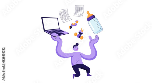 High-Stress Work-Life Balance: Man Juggling Laptop, Documents, and Baby Care Items Simultaneously in Flat Vector Illustration