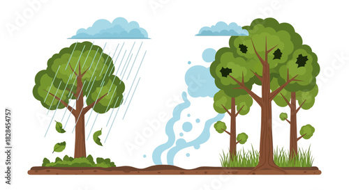 Cartoon illustration displaying contrasting weather conditions and environmental impact