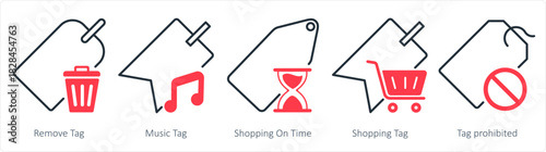 A set of 5 business icons as remove tag, music tag, shopping on time