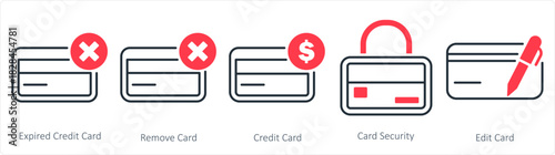 A set of 5 business icons as expired credit card, remove card, credit card