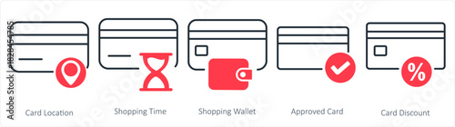 A set of 5 business icons as card location, shopping time, shopping wallet