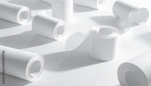 White cylinders cast shadows on white—ritual of repetition and form, where smooth surfaces and minimalist light choreograph the emotional geometry of order, silence, and spatial rhythm.