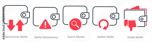 A set of 5 business icons as synchronize wallet, wallet maintenance, search money