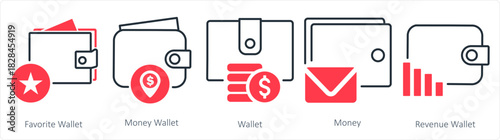 A set of 5 business icons as favorite wallet, money wallet, wallet