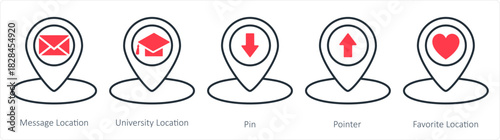A set of 5 business icons as message location, university location, pin