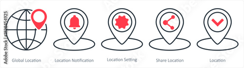 A set of 5 business icons as global location, location notification, location setting
