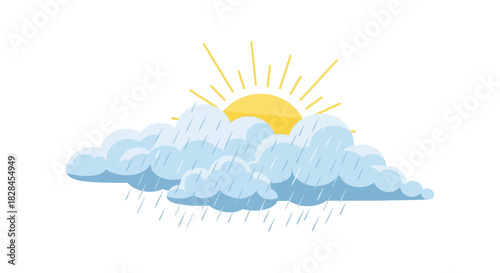 Stylized illustration of a sun partially obscured by rain clouds with precipitation