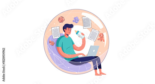 Father Working Remotely and Juggling Childcare: Modern Dad Multitasking Inside a Protective Bubble for Focus and Work-Life Balance.