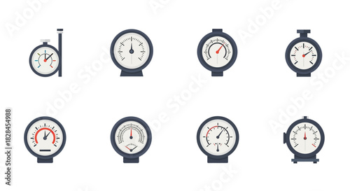 Collection of stylized pressure gauges and meters showcasing diverse measurement values and designs
